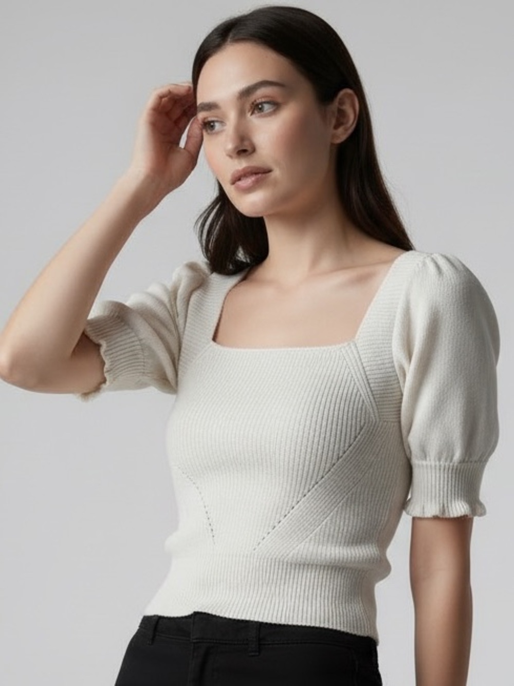 Like new BCX Ivory Square-Neck Cropped Puff Sleeve Knit Sweater Top, sz Med